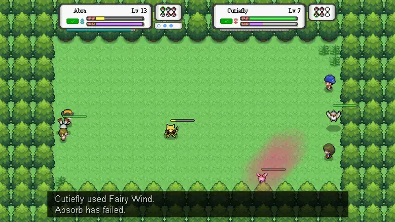Real-time battle in Pokemon Reloaded between Abra and Cutiefly in a forest clearing