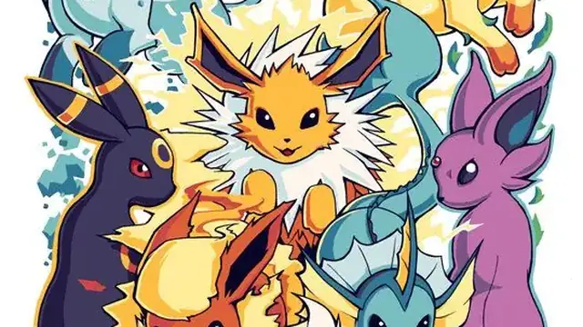 Artwork of Eevee with all eight Eeveelutions