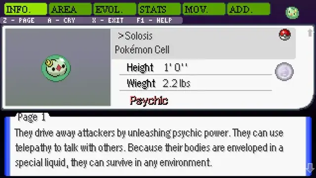 Pokedex entry screen in Pokemon Reloaded showing Solosis