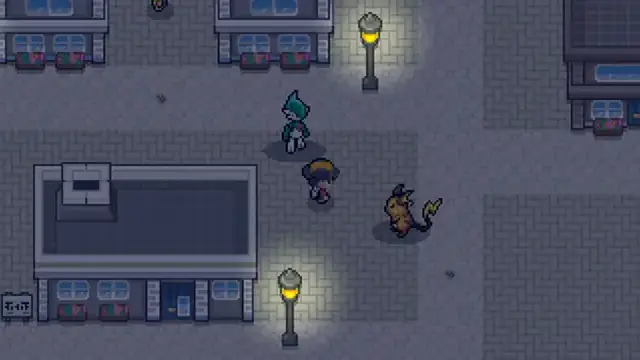 Night city street in Pokemon Reloaded with the player trainer and a wild creature