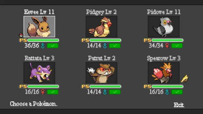 Player team screen in Pokemon Reloaded showing six creatures with levels and health bars