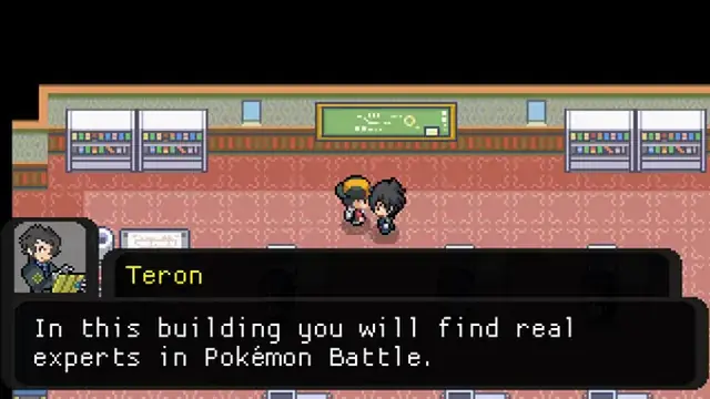 NPC dialogue scene in Pokemon Reloaded with a battle expert explaining real-time combat