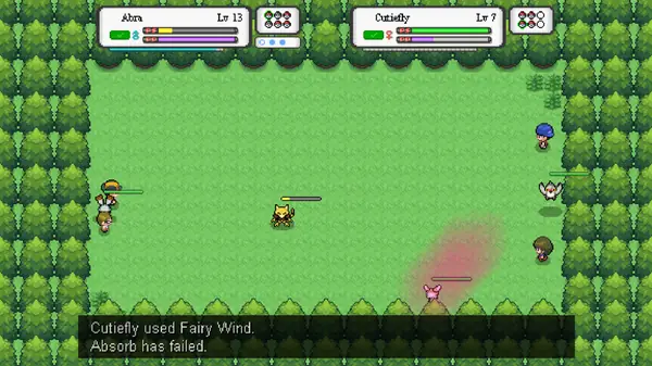 Real-time battle in Pokemon Reloaded between Abra and Cutiefly in a forest clearing