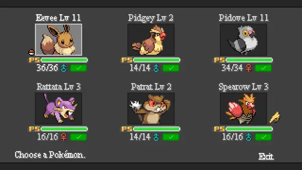 Pokemon Reloaded team screen showing six creatures with levels and health bars